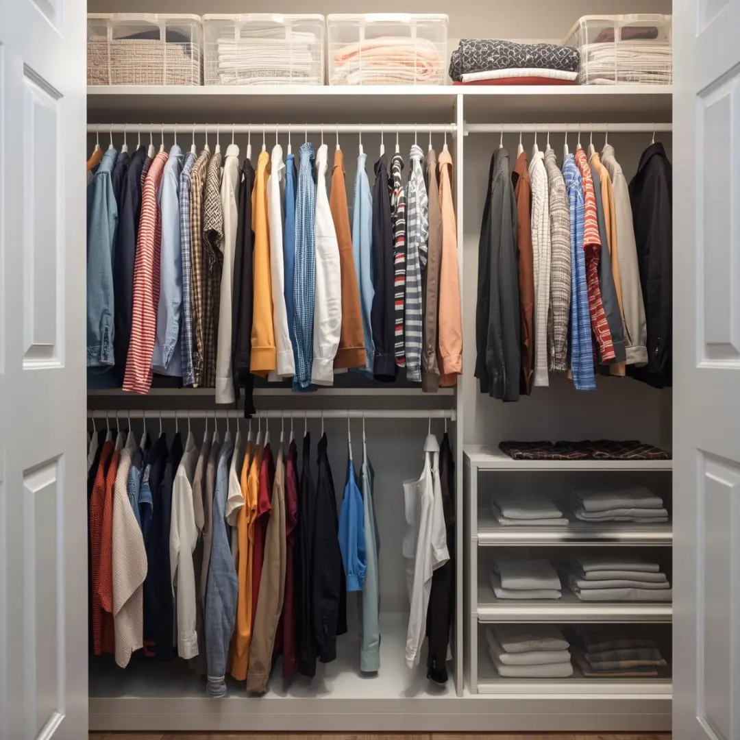 Organized wardrobe with neatly arranged clothing